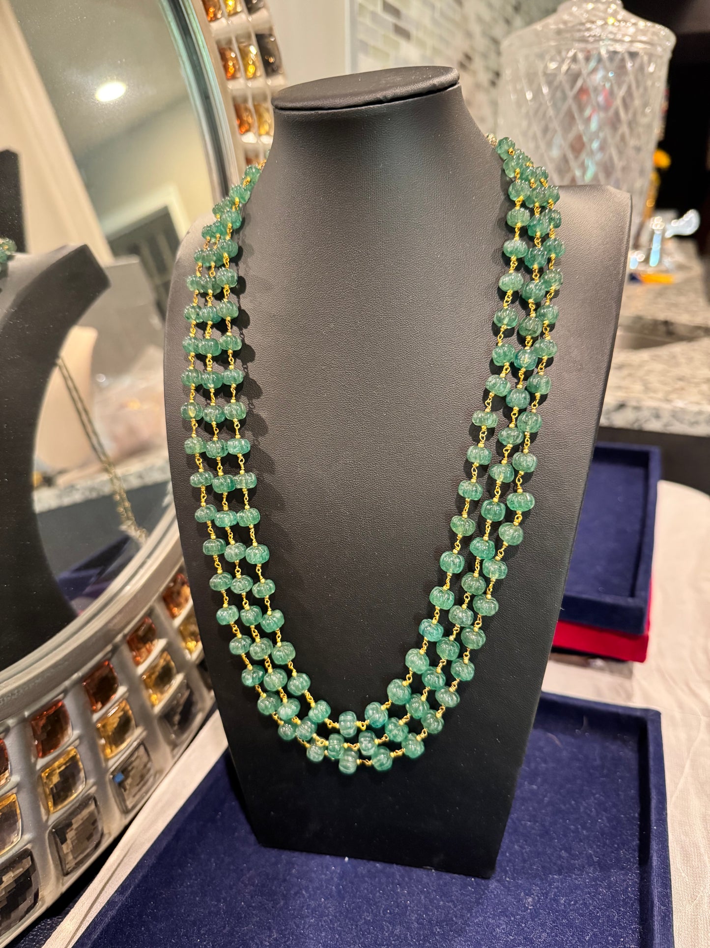 Green Strawberry quartz pumpkin beads in chain necklace