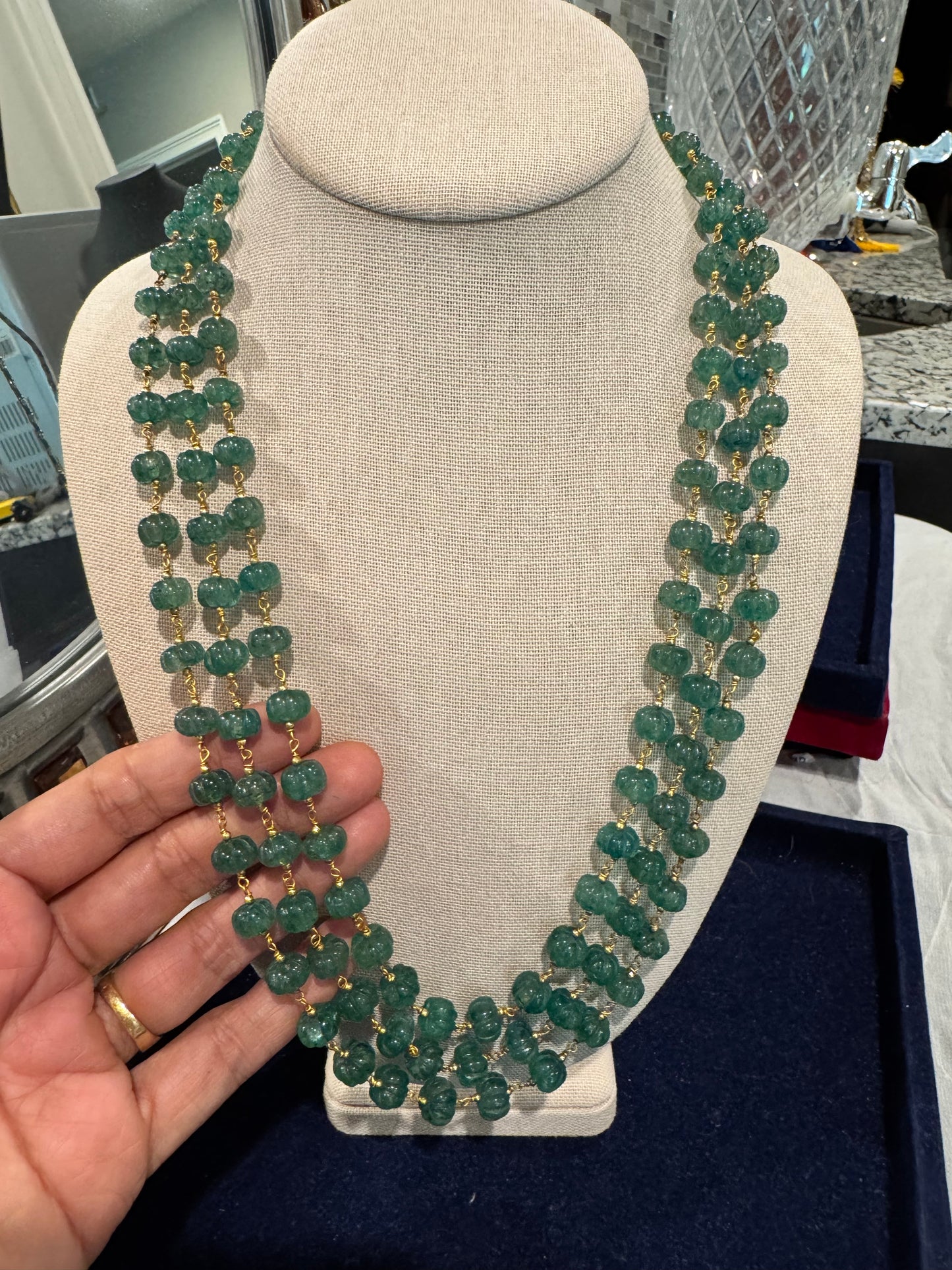 Green Strawberry quartz pumpkin beads in chain necklace