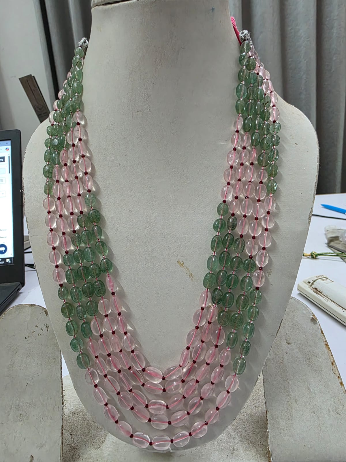 Designer rose quartz and green strawberry quartz necklace