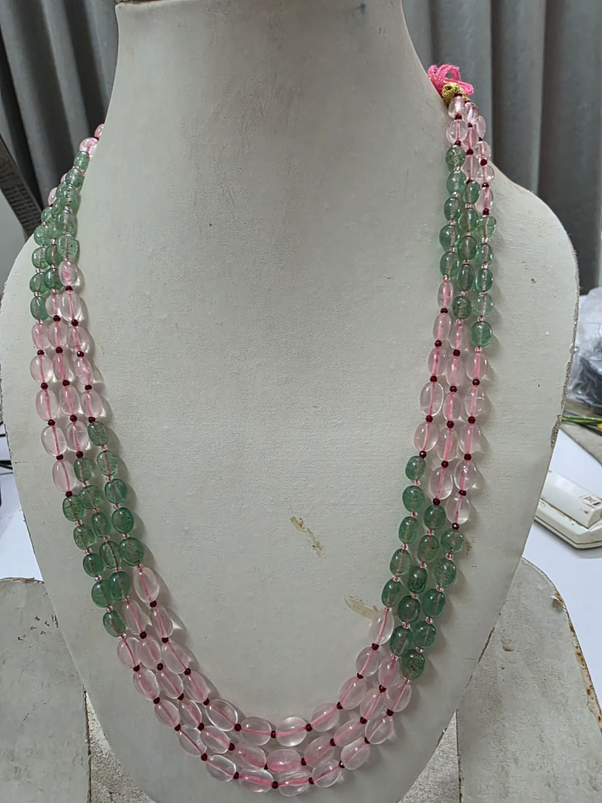 Designer rose quartz and green strawberry quartz necklace