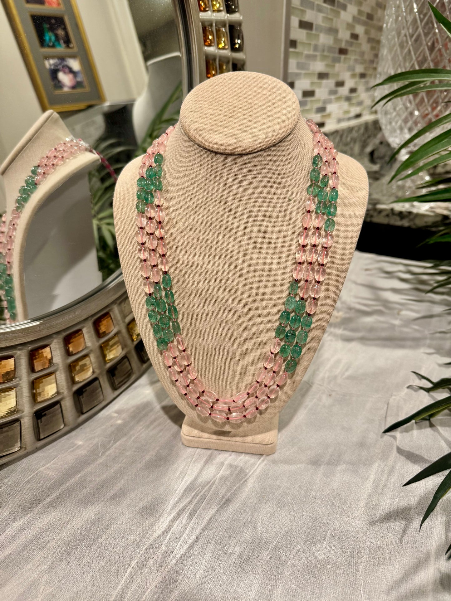 Designer rose quartz and green strawberry quartz necklace