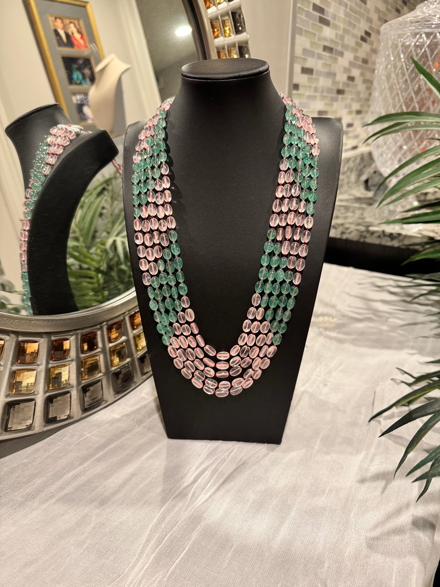 Designer rose quartz and green strawberry quartz necklace
