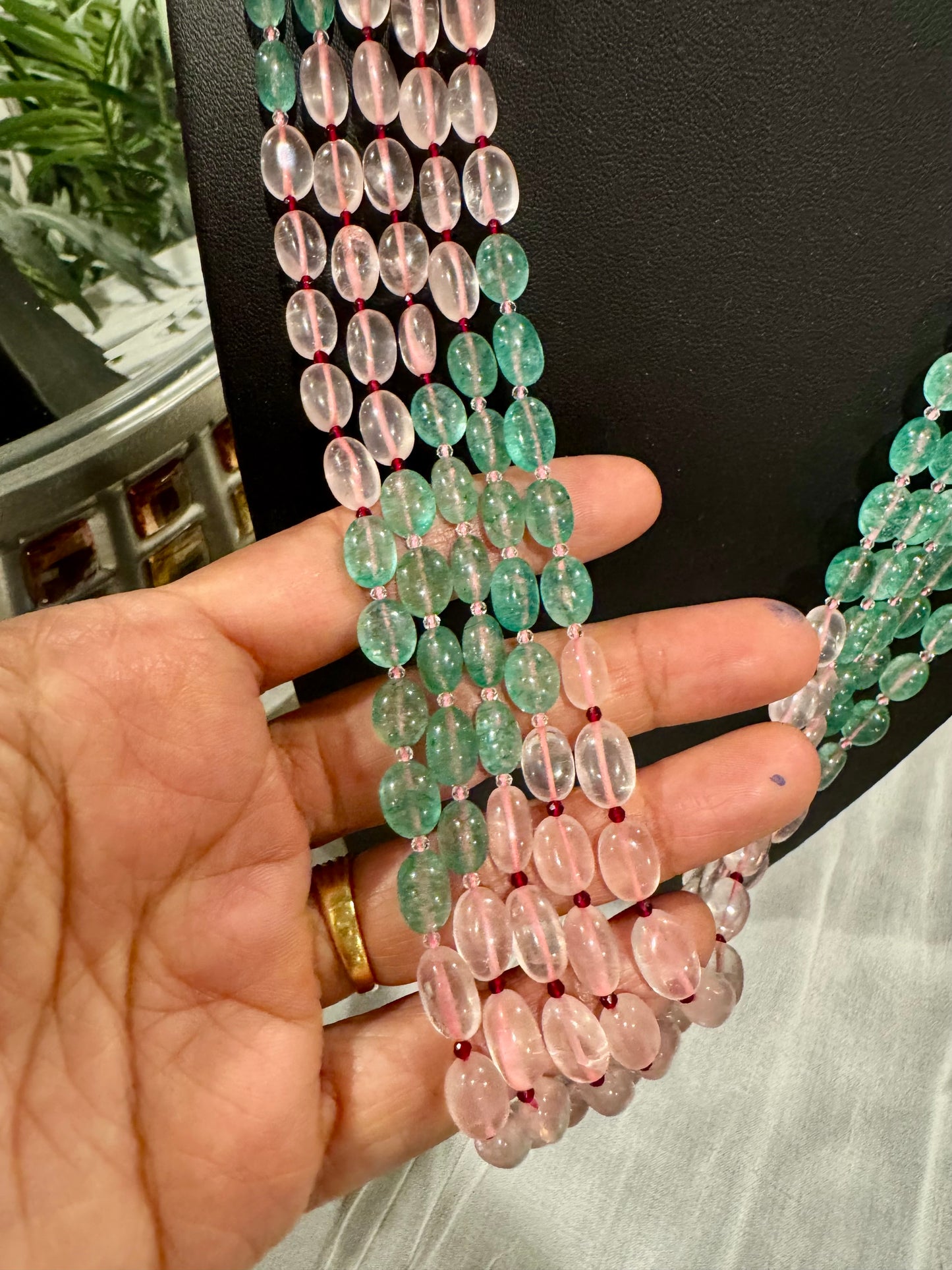 Designer rose quartz and green strawberry quartz necklace
