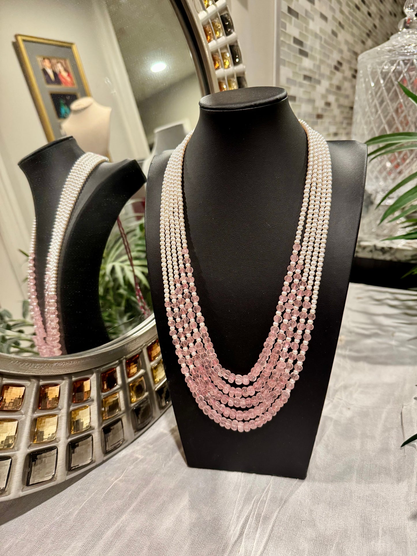 Designer Rose quartz pumpkin and pearls necklace