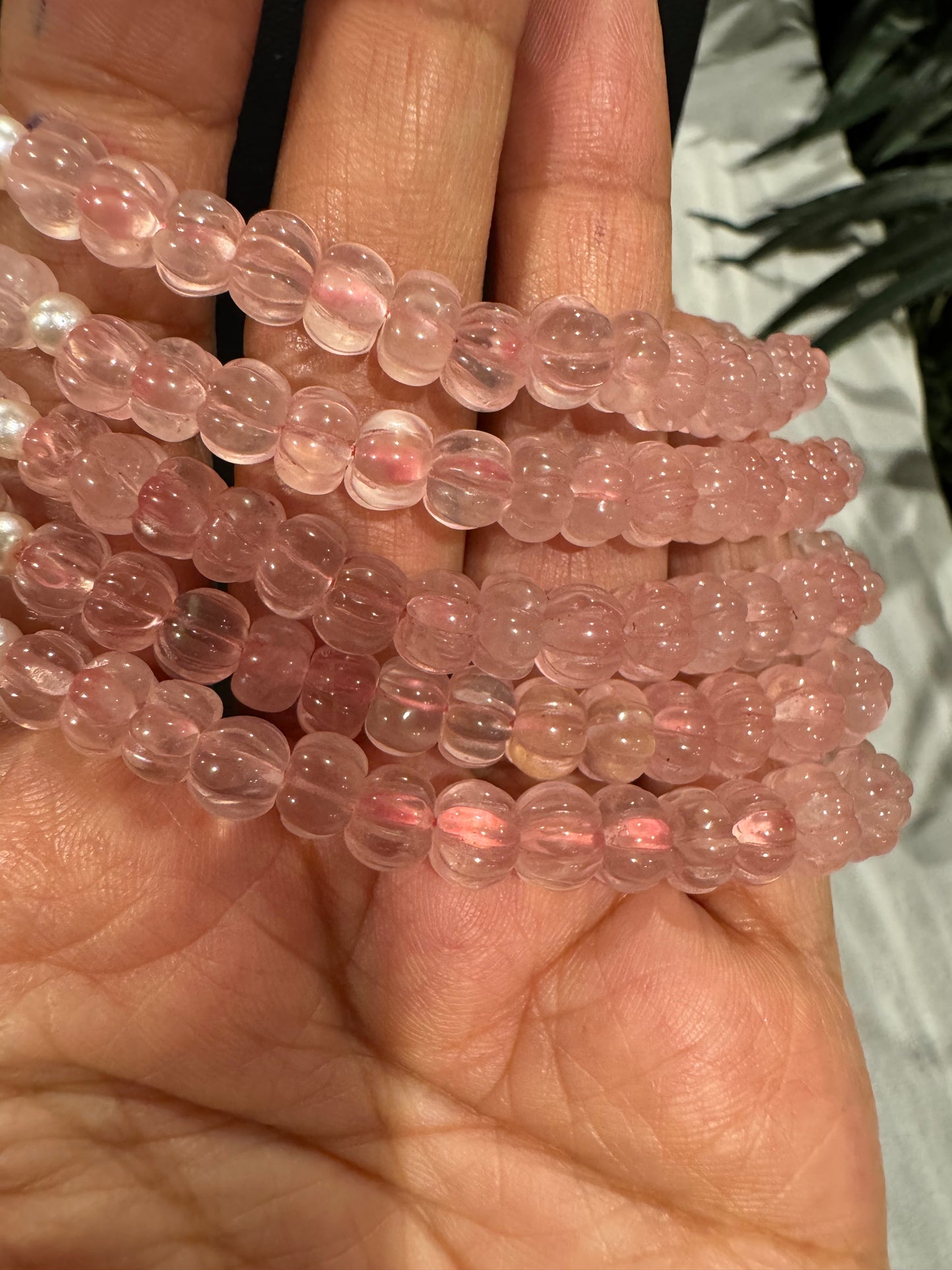 Designer Rose quartz pumpkin and pearls necklace