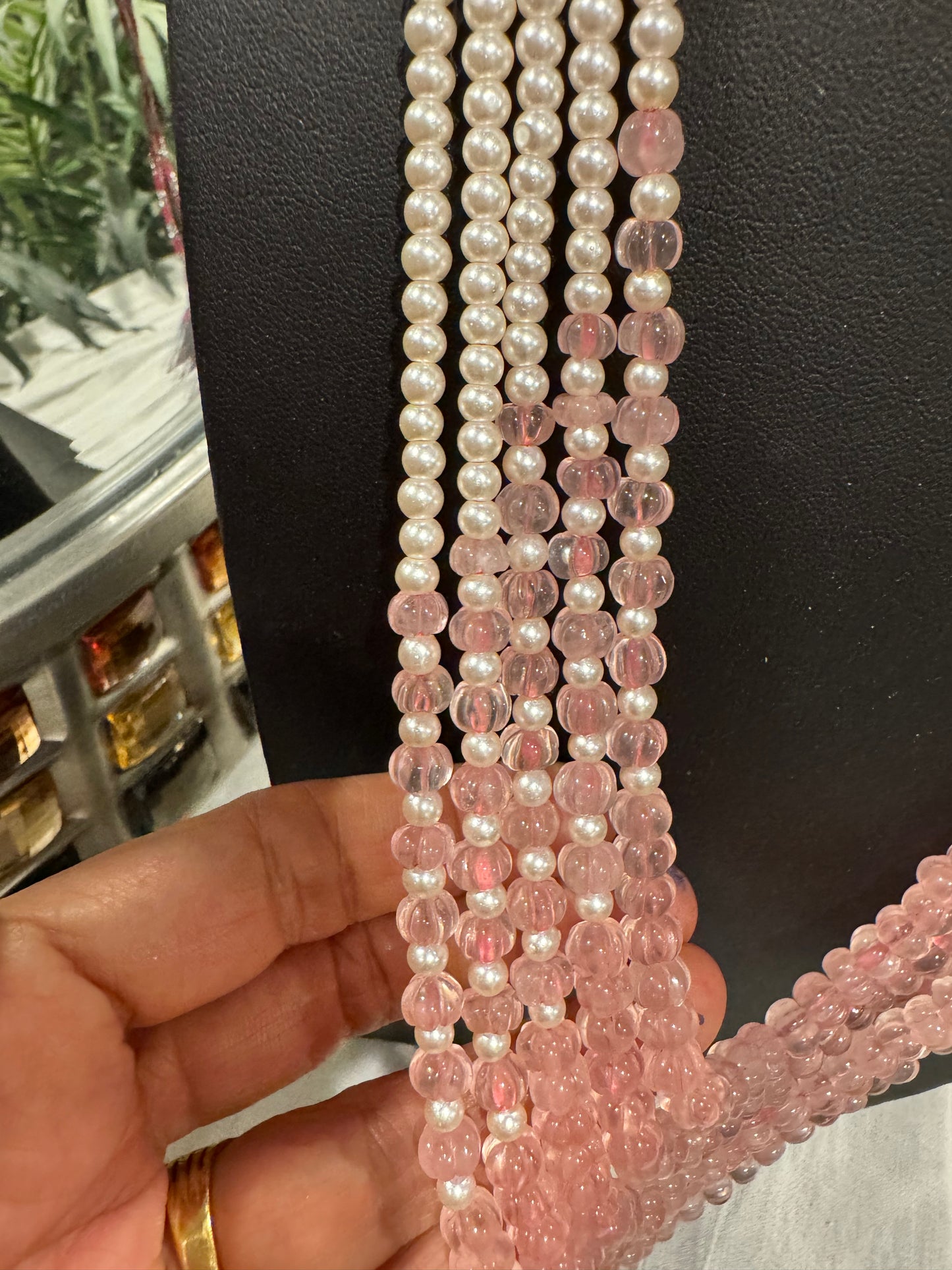 Designer Rose quartz pumpkin and pearls necklace
