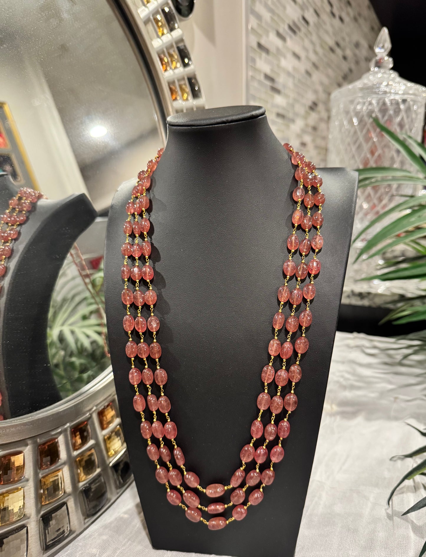 Pink strawberry quartz oval beads in chain