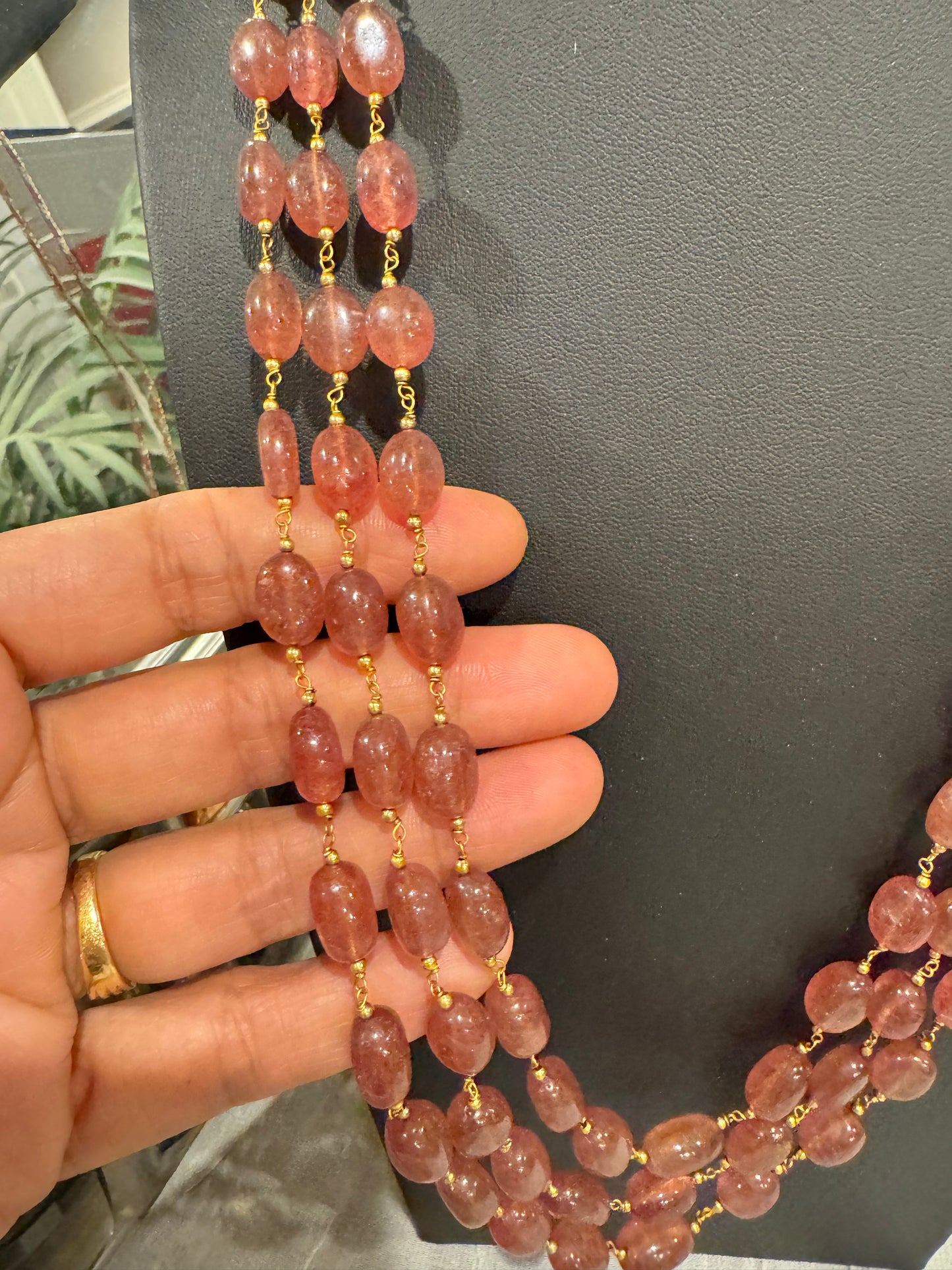 Pink strawberry quartz oval beads in chain