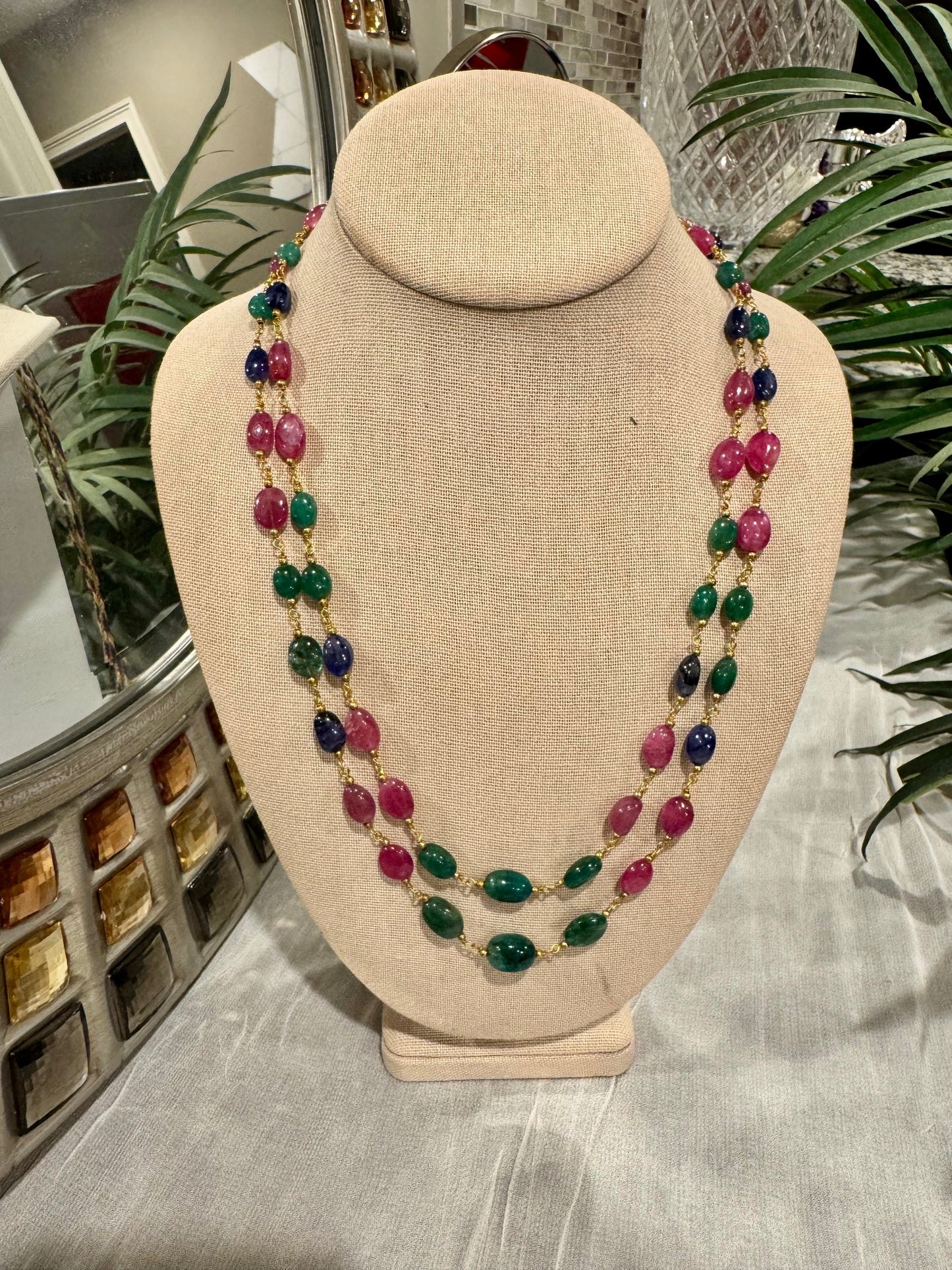 Ruby emerald blue sapphire chain necklace