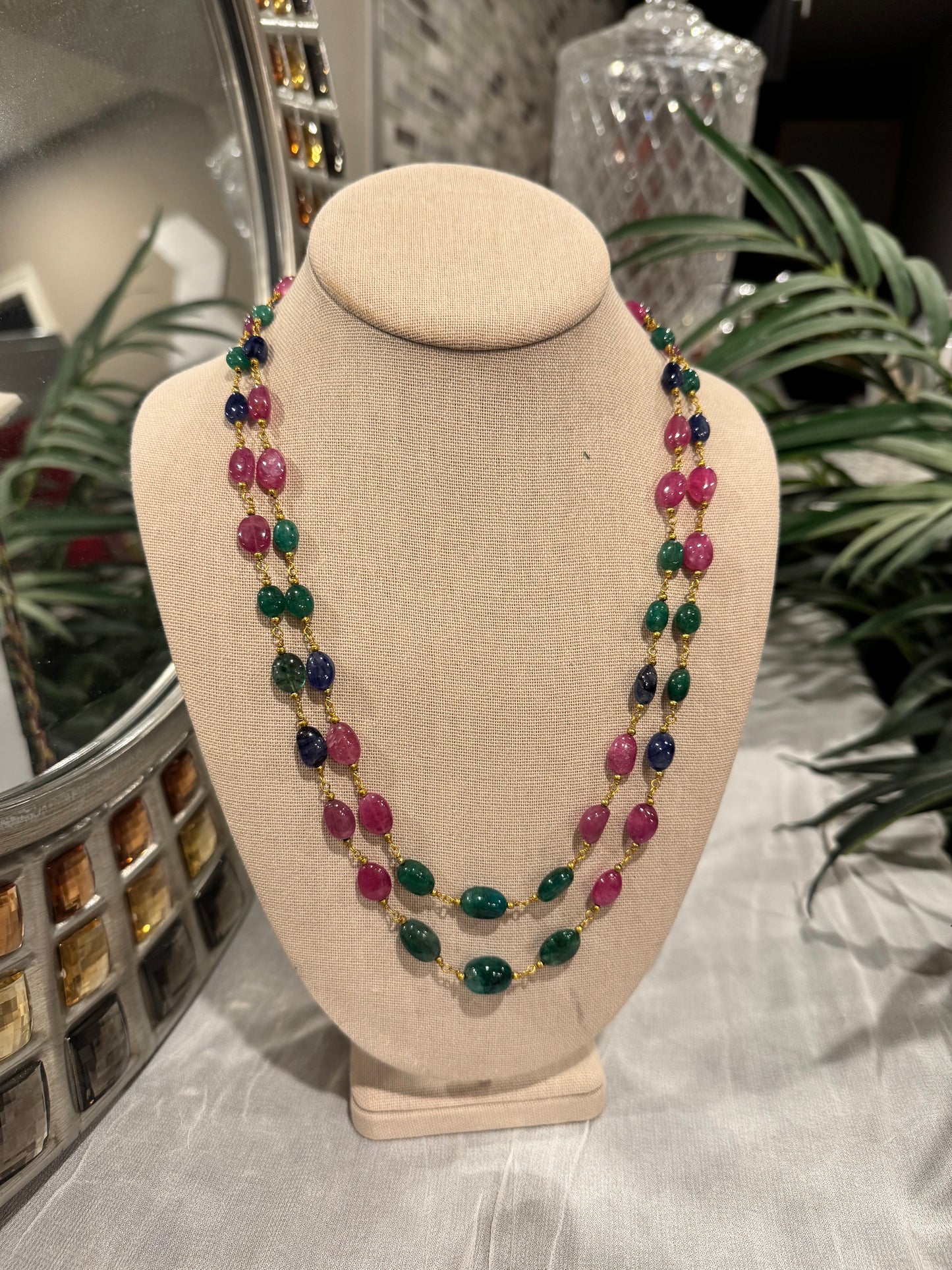 Ruby emerald blue sapphire chain necklace