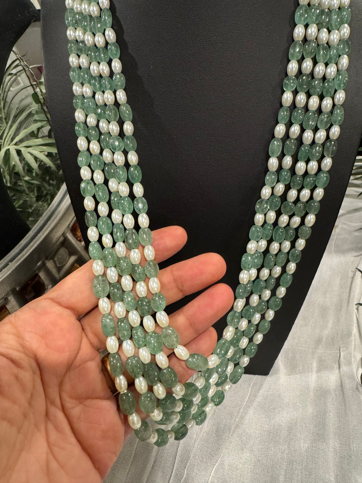 Green strawberry quartz and pearls necklace