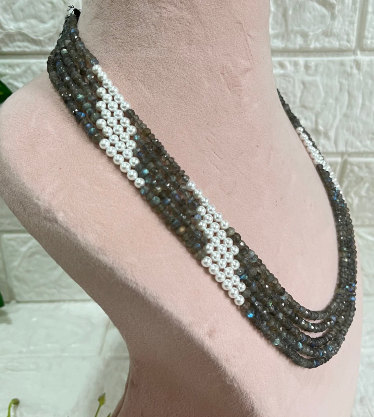 Grey Labradorite gray blue beads and pearls necklace