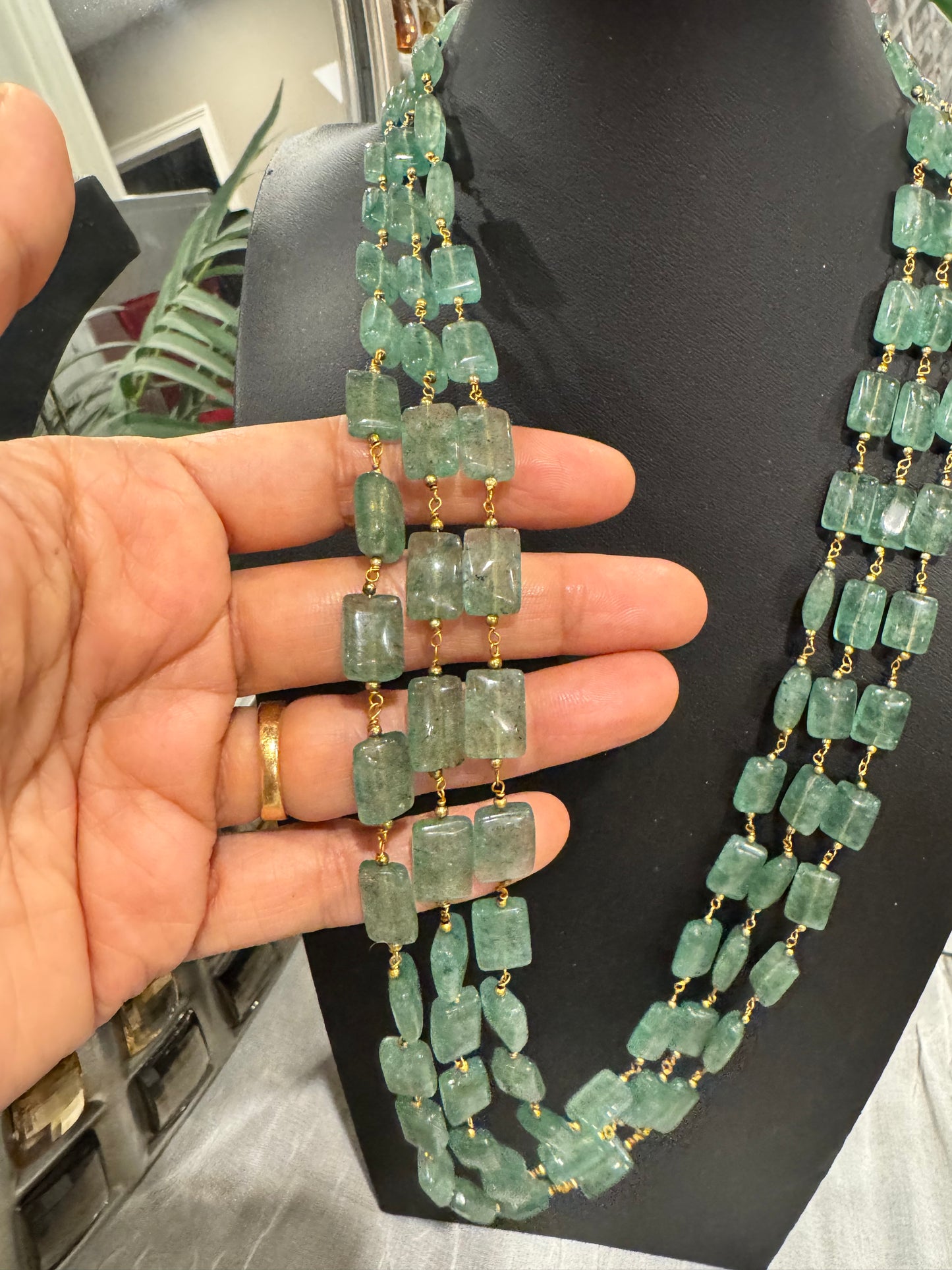 Green strawberry quartz rectangle shape in chain