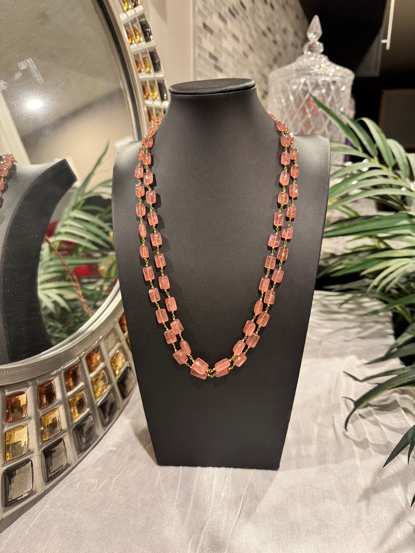 Pink strawberry quartz rectangle beads in chain
