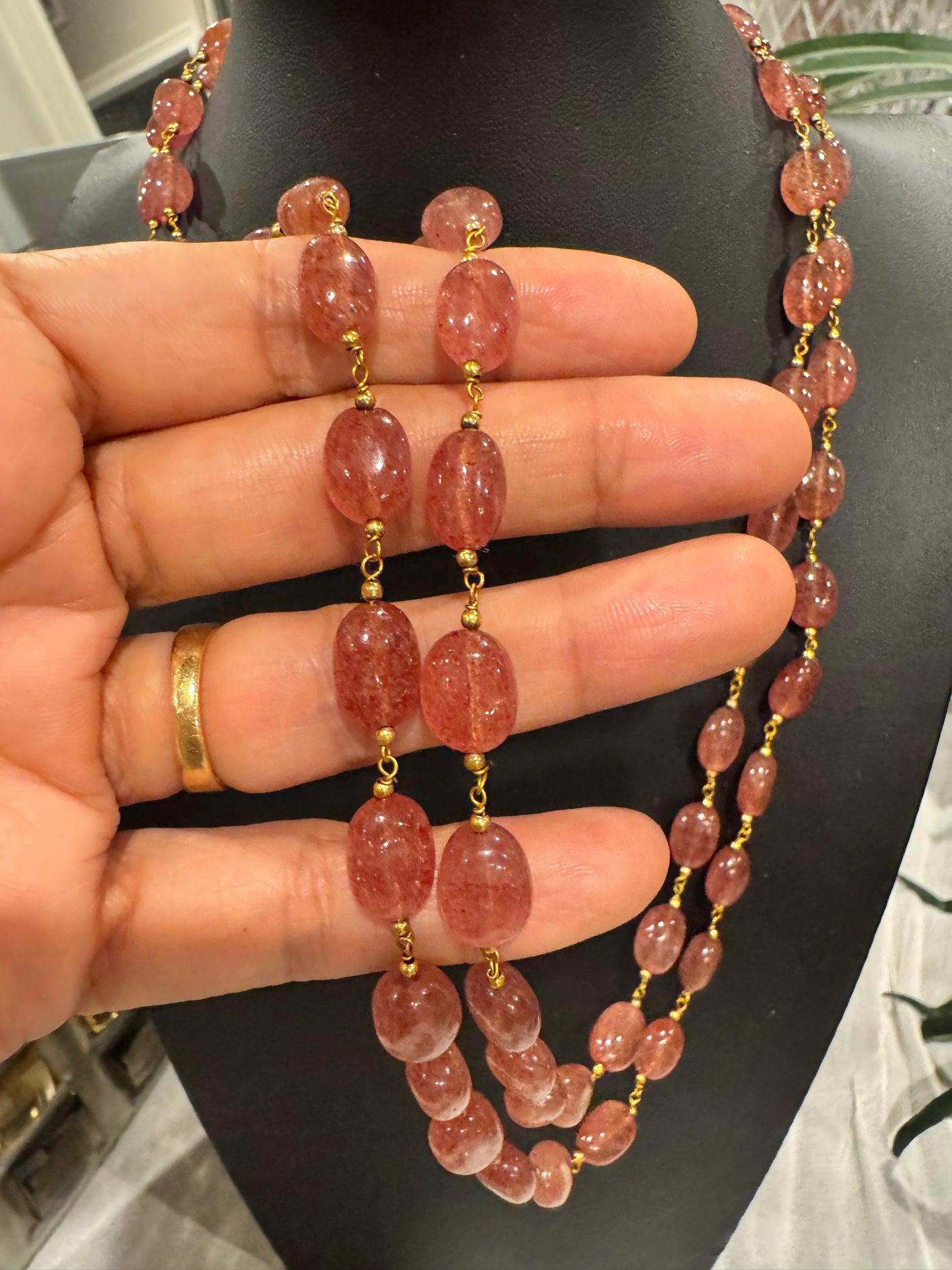 Pink strawberry quartz oval beads in chain