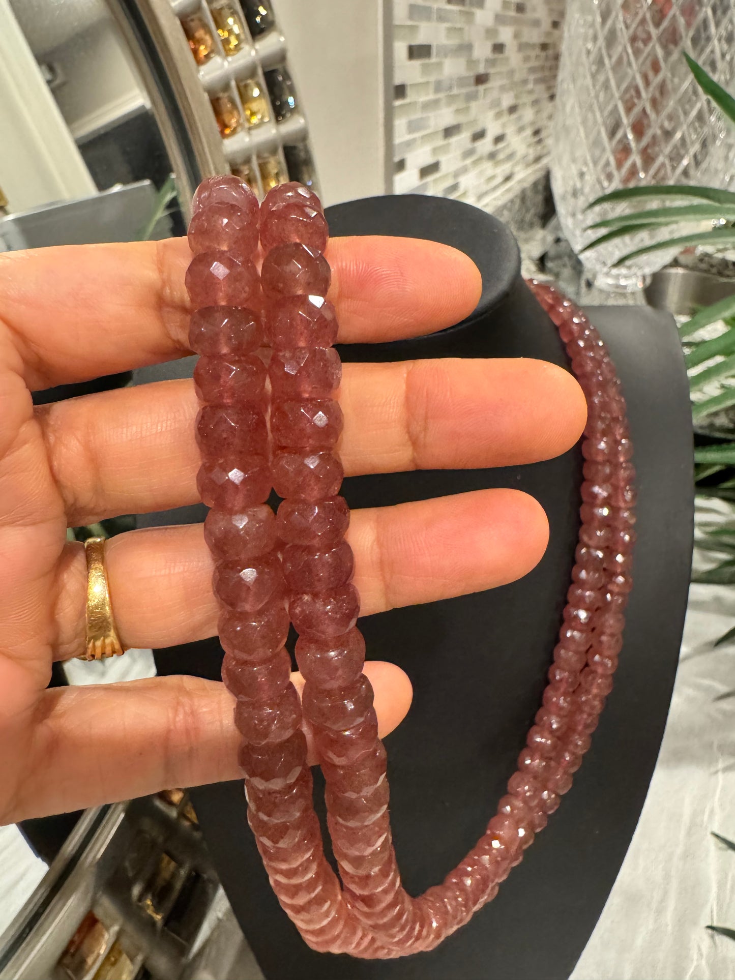 Pink strawberry quartz cut finish round necklace