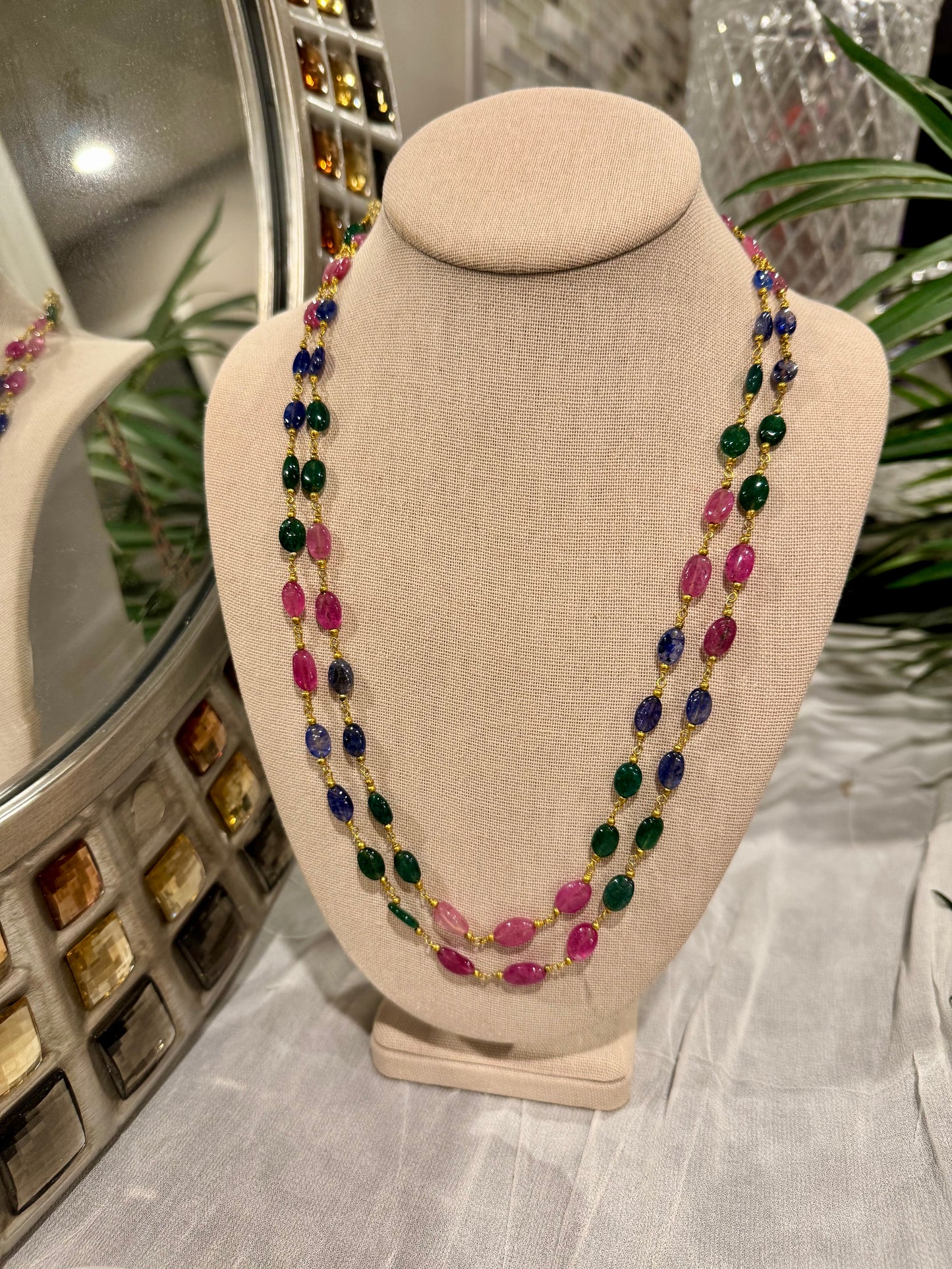 Ruby emerald blue sapphire chain necklace