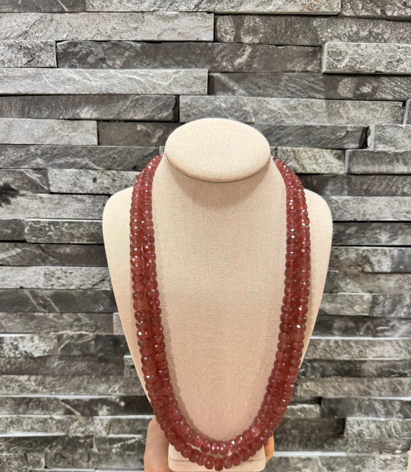 Pink strawberry quartz cut finish round necklace