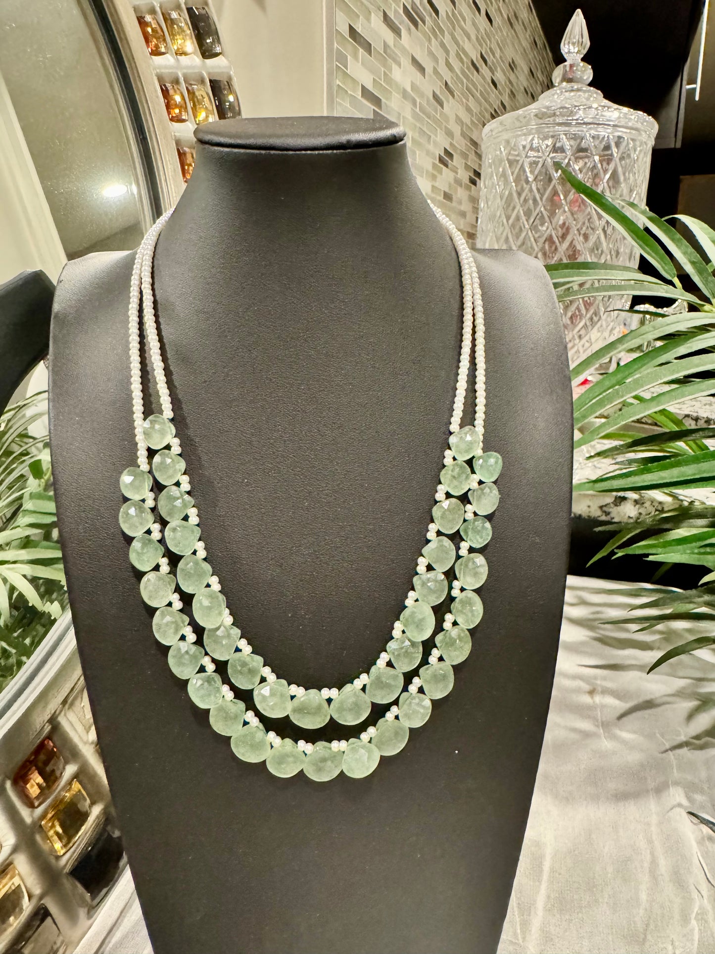 Green strawberry quartz drops necklace