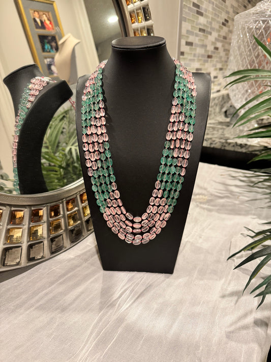 Designer rose quartz and green strawberry quartz necklace