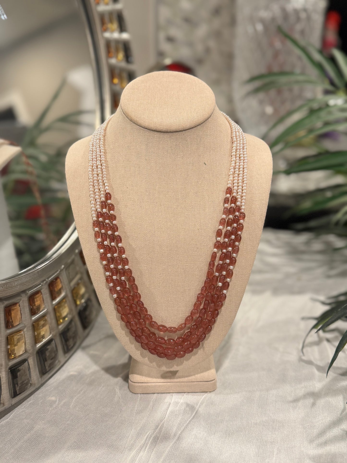 Designer Pink strawberry quartz oval and pearls necklace