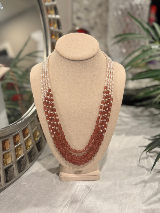 Designer Pink strawberry quartz oval and pearls necklace