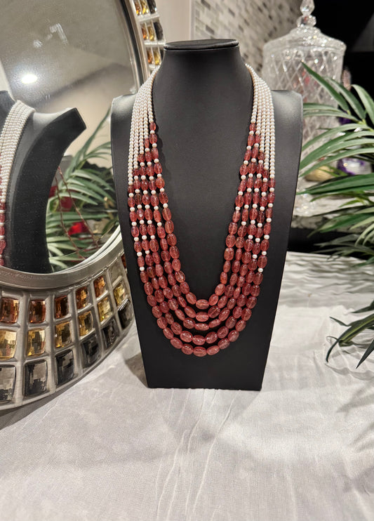 Pink strawberry quartz and pearls designer necklace