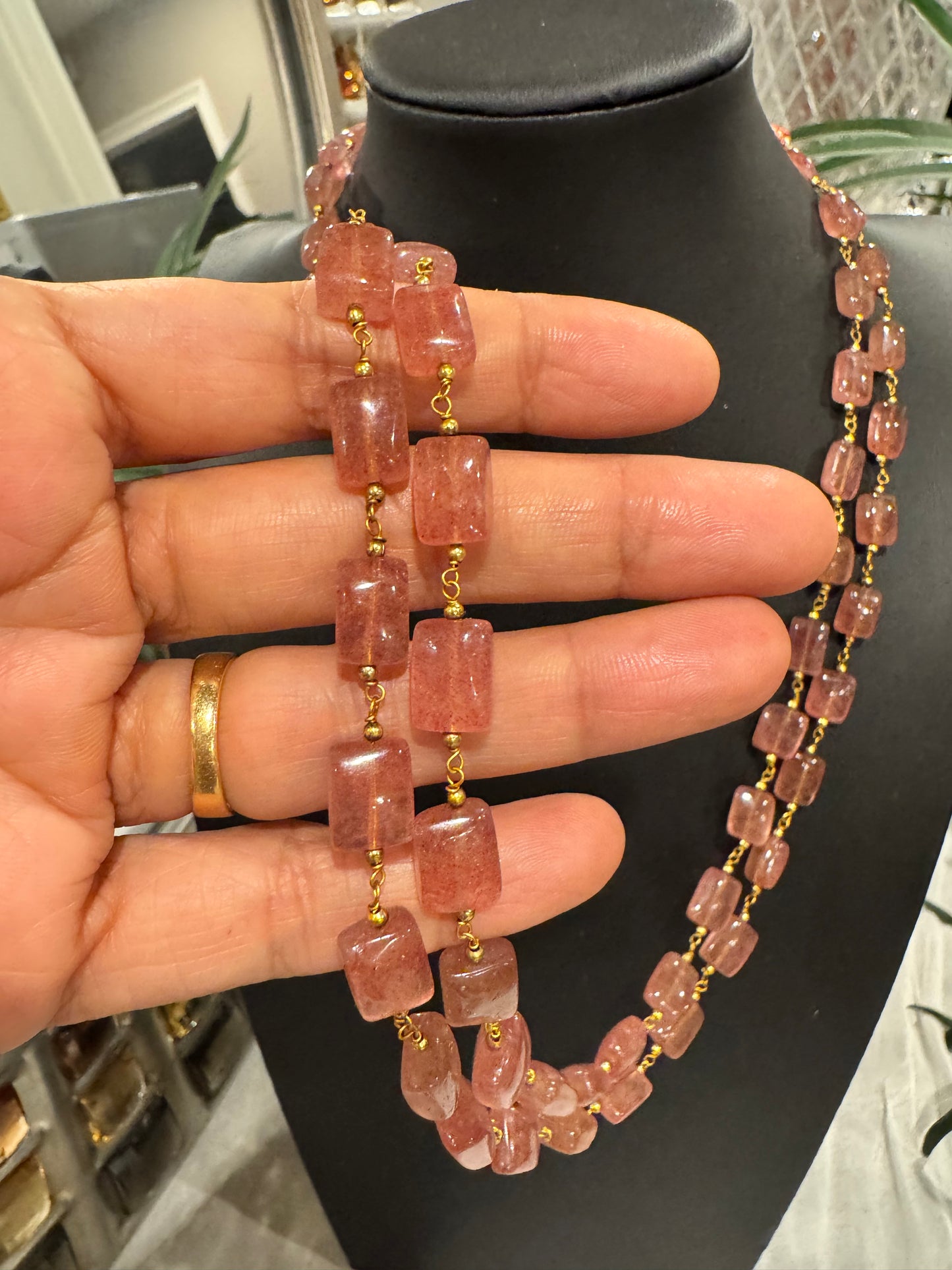 Pink strawberry quartz rectangle beads in chain