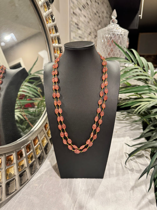 Pink strawberry quartz oval beads in chain