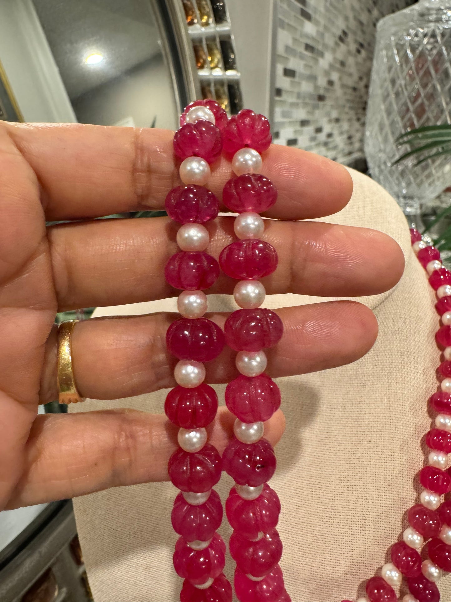 Pink pumpkin quartz and pearls necklace