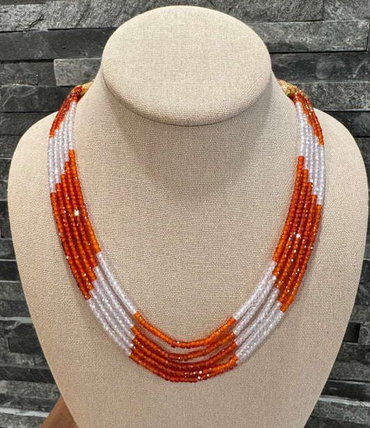 CZ orange and white beads necklace