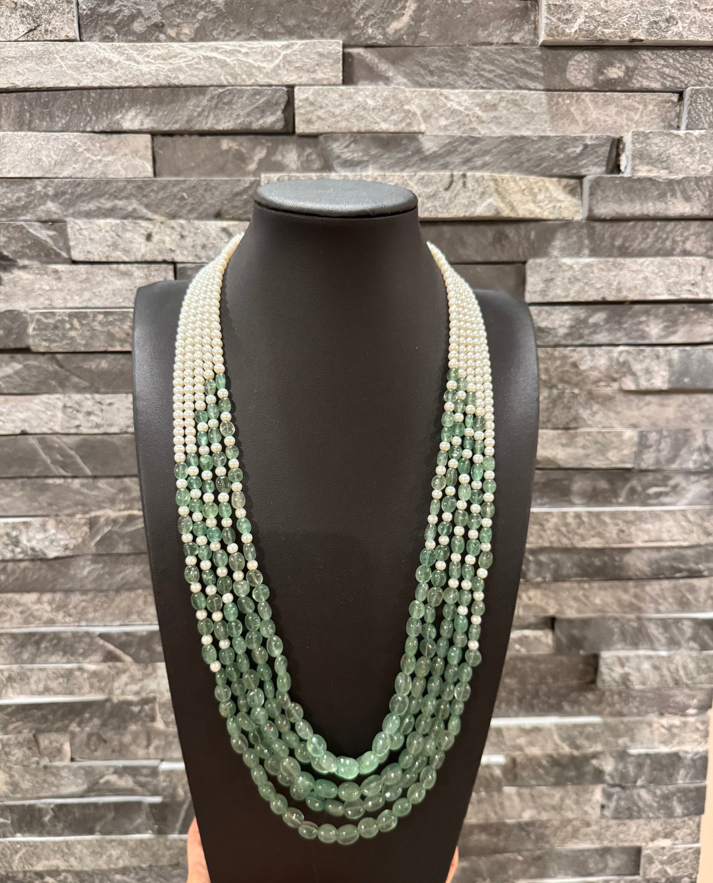 Designer Green Strawberry quartz and pearls necklace