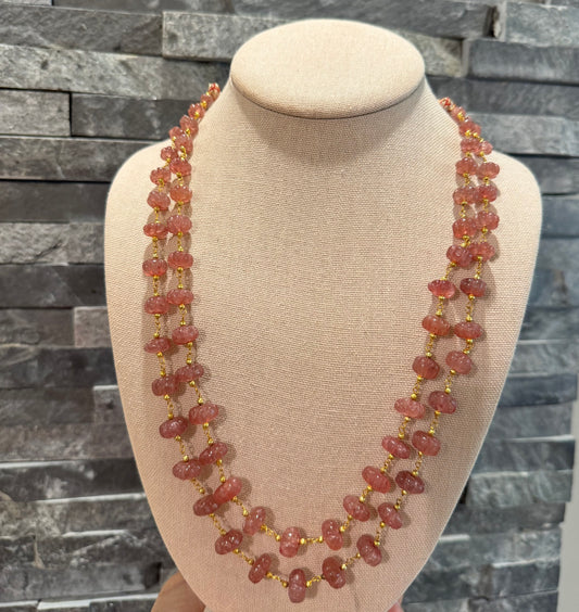 Pink Strawberry quartz pumpkin beads in chain necklace