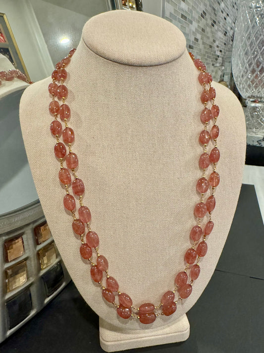 Pink strawberry quartz oval beads in chain