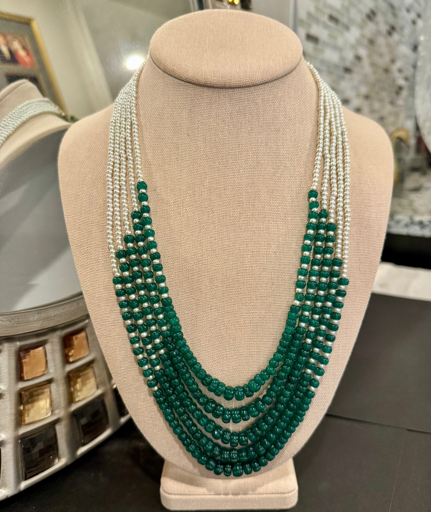Designer Emerald Pumpkin and pearls necklace