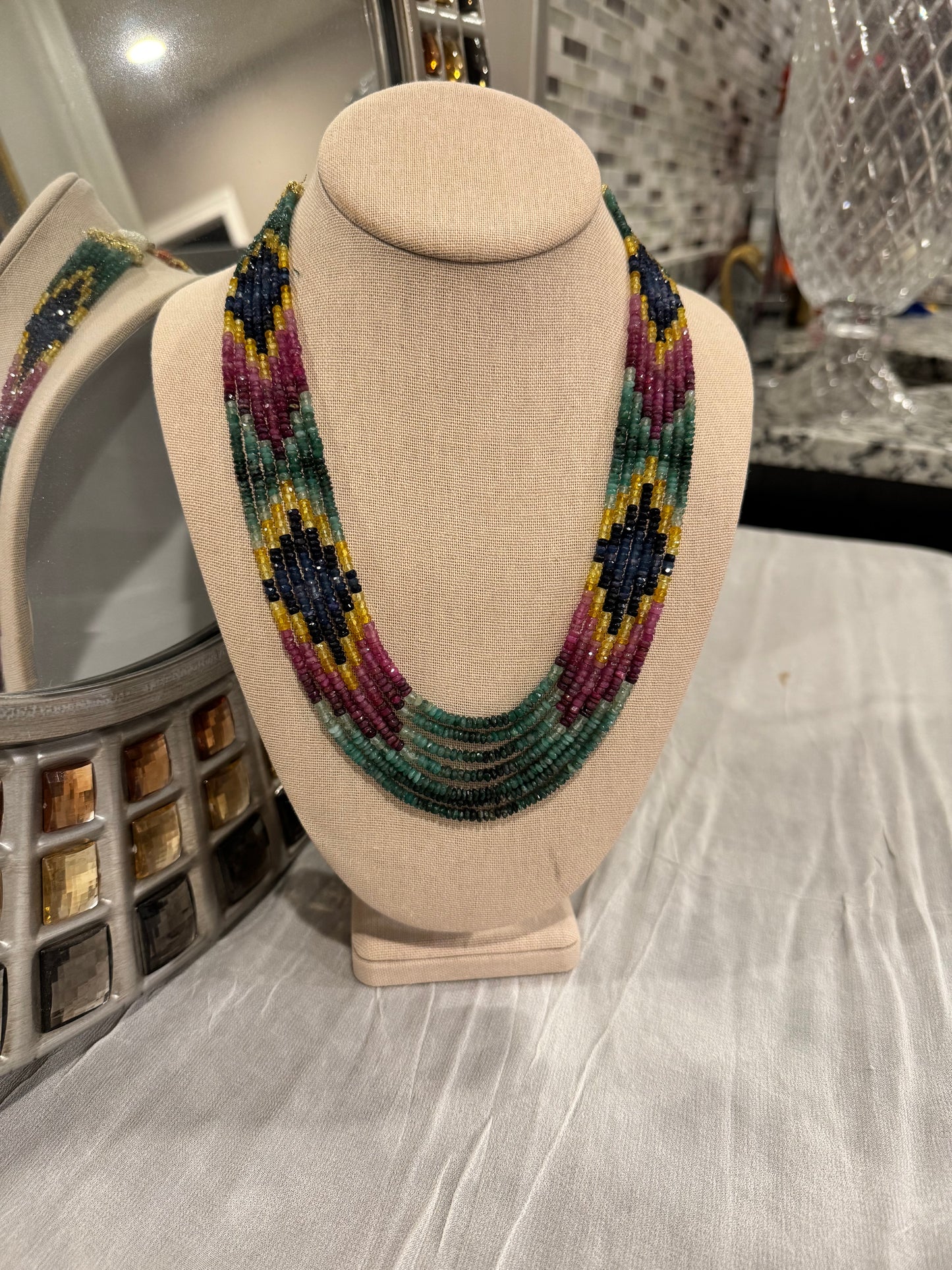 Multi sapphires cut finish diamond design necklace