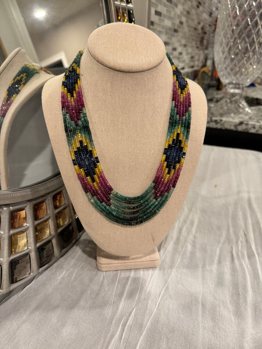 Multi sapphires cut finish diamond design necklace