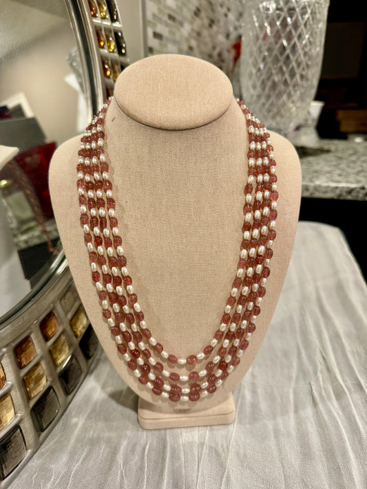 Pink strawberry quartz and pearl necklace 6-8 mm