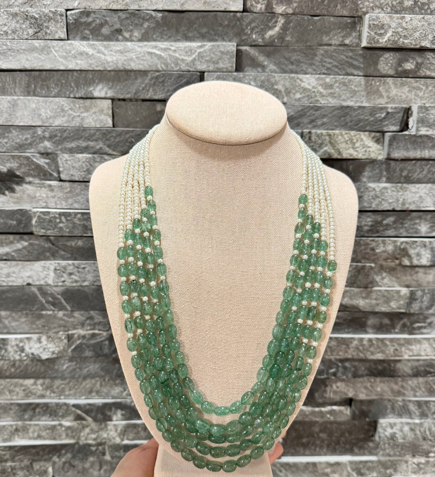 Designer Green Strawberry quartz and pearls necklace