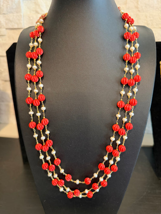 Corals pumpkin beads and pearls in chain necklace