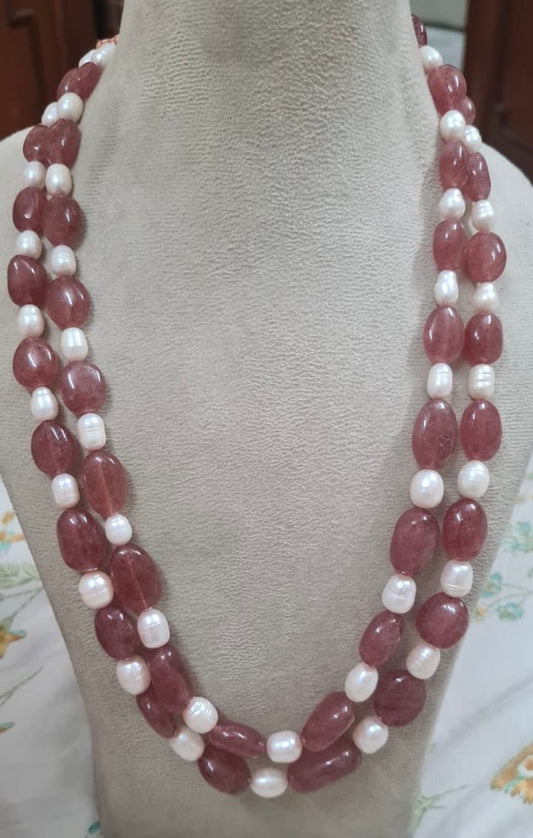 Pink strawberry quartz nuggets and pearl necklace