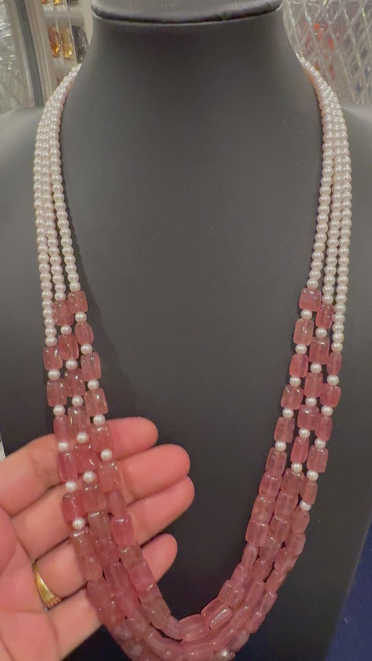 Designer Pink strawberry quartz and pearl rectangle beads necklace