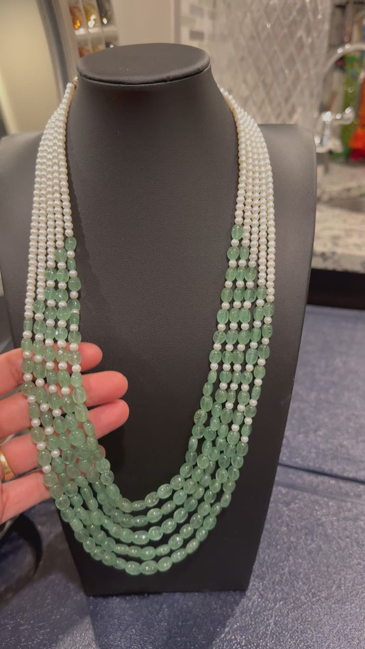 Designer Green Strawberry quartz and pearls necklace